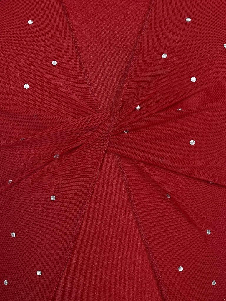 Womens Shiny Rhinestone Lyrical Dance Dress Mock Neck Sleeveless Open Back Twist Front Sheer Mesh Overlay Leotard