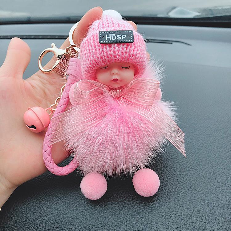 Korean Bow Keychain: Squinting Doll with Fox Fur Pendant - A Unique Japanese and Korean Gift