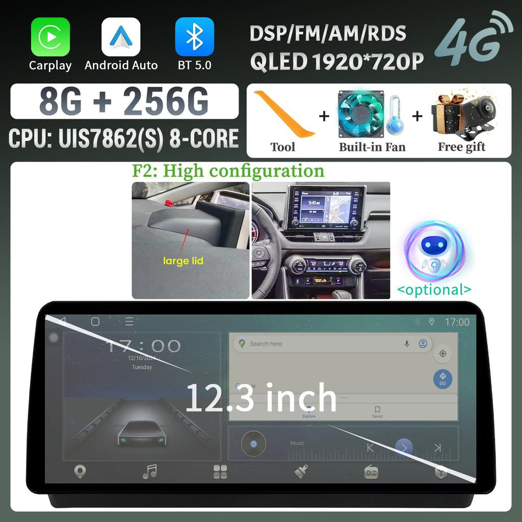 12.3inch Car Radio For Toyota RAV4 2020-2022 Multimedia Navigation Stereo 4G Wireless Bluetooth Carplay Touch Head Unit Screen