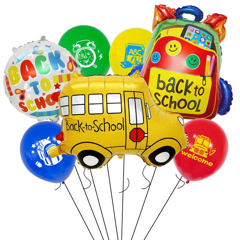 School Season Arrangement Balloon Set Back To School Decoration Schoolbag Pencil School Bus Modeling Classroom Decoration Photo