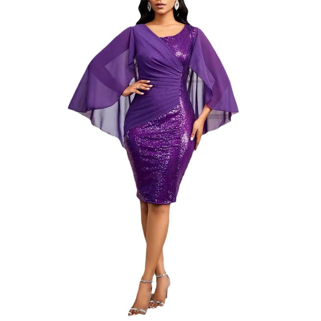 Solid color new shawl sleeves sequins elegant slim fit hip wrap women's onesie