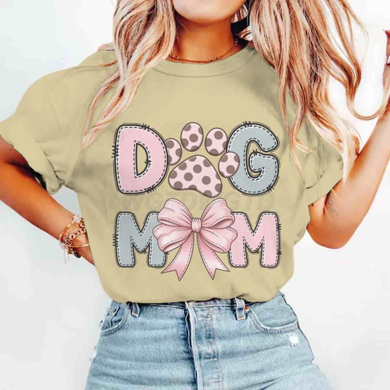 Dog Mom Graphic Crew Neck T-Shirt For Women CasualTee With Short Sleeves Pink Bow Paw Print Design Perfect For Mother's Day