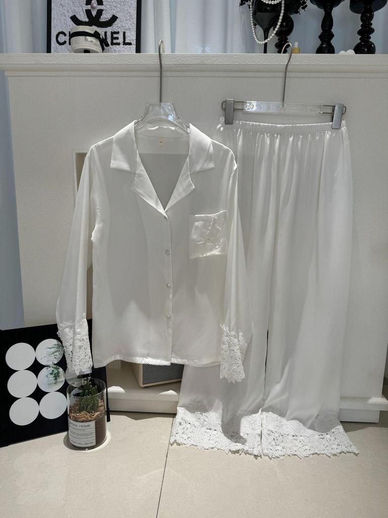 Women's Light Luxury Ice Silk Pajamas, Spring/Summer, Long Sleeve Satin with Lace.