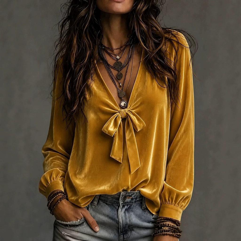 2026 Autumn Velvet V-neck Tie Shirt - Elegant French Style for Women