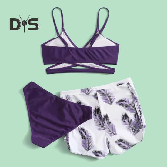 3dílná sada plavek s ramínky, podprsenkou s výstřihem do V a středním pasem, sada plavek, jednobarevné bikiny s kraťasy s potiskem peří