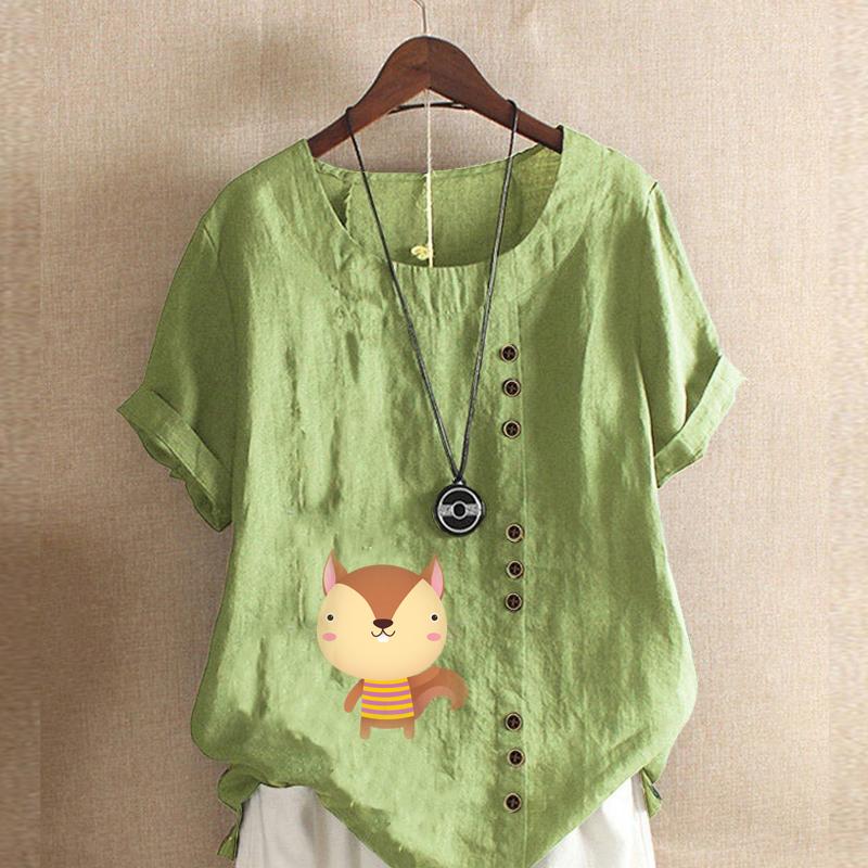 

Женская новая модная льняная рубашка с круглым вырезом и коротким рукавом с принтом белки, летняя женская повседневная блузка больших размеров, топы 5XL зелёный