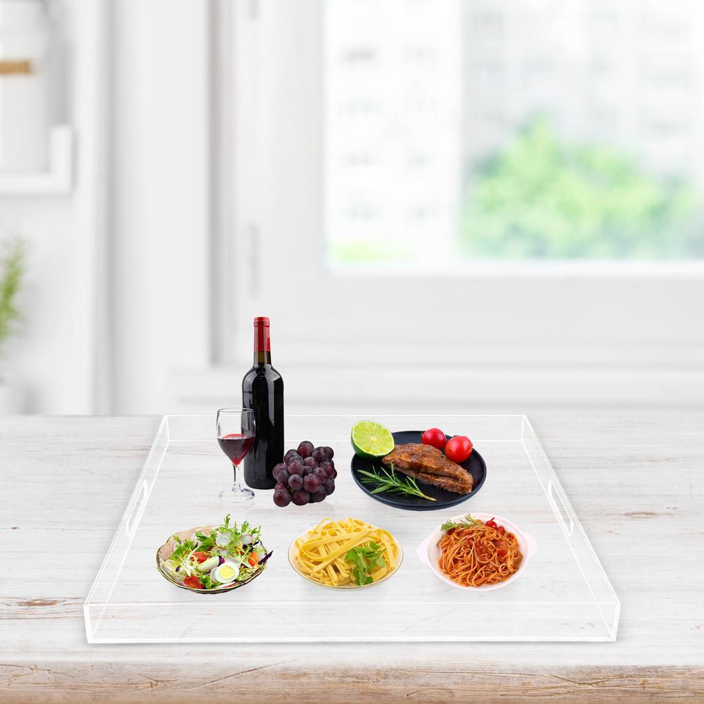 Clear Acrylic Serving Tray with Handles, 23.92x23.92Inch Oversize Spill Proof Decorative Tray, Multipurpose Countertop Organizer