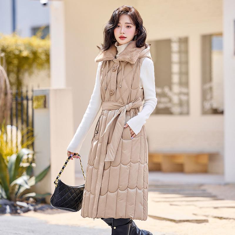 New Women's Lightweight Sleeveless Hair Collar Hooded High Quality Jacket Solid Color Thickened Warm Sports Casual Loose Long Cotton Jacket