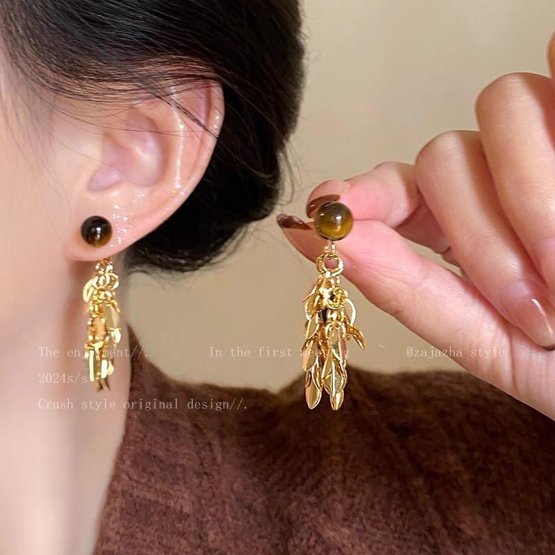 Vintage Maillard Imitation Tiger's Eye Stone Earrings Femininity Stud Earrings Unique Personality Ear