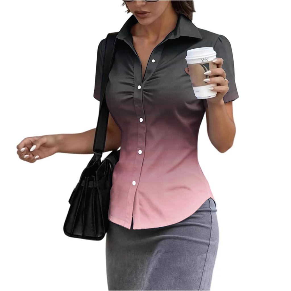Women's Short Sleeve Button Down Shirt Slim Fit Collared Business Casual Office Blouse Tailored Top for Summer Workwear