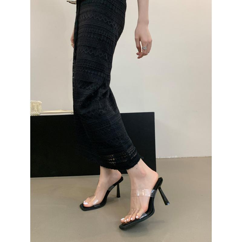 

Square head open-toed high-heeled sandals fairy with skirt, fashionable transparent one-word slippers with thin heels outside summer 40 цветной печати леопарда