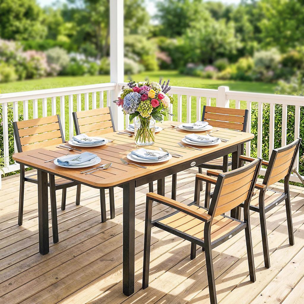 Garden Dining Table for 6, Composite Wood, Metal Frame, 127 x 70 cm, Brown