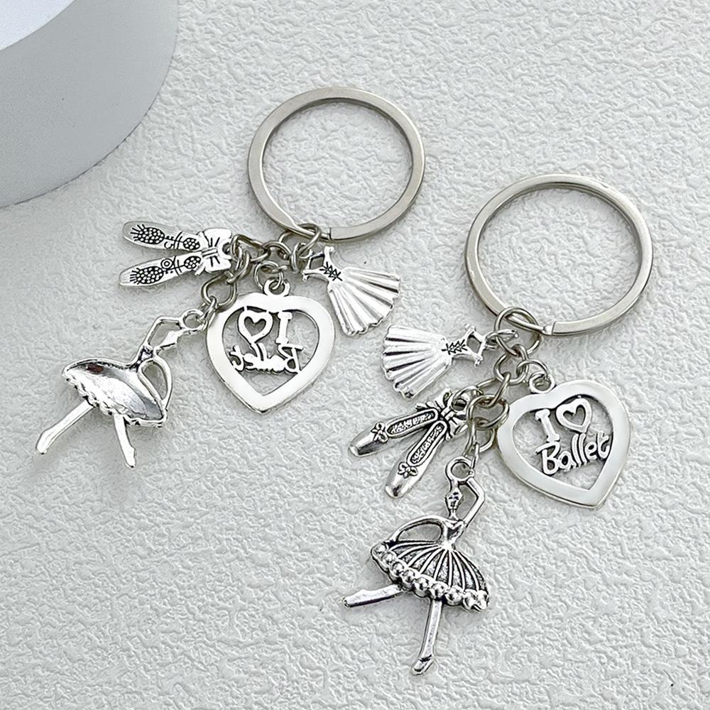 Antique Silver Ballet Girl Keychain with Heart Pendant - Elegant Dance Club Gift