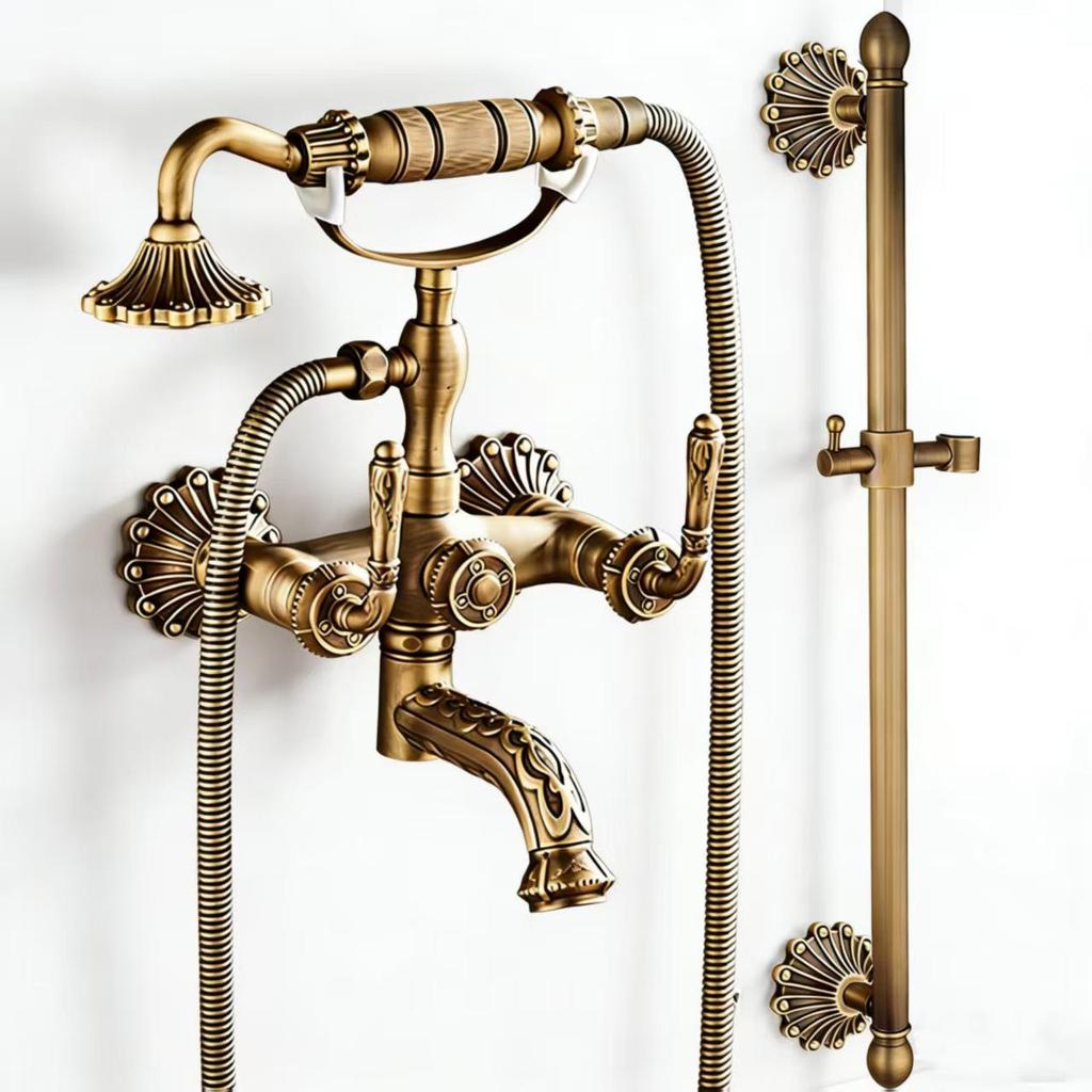 European Retro Carved Copper Shower Set with Hot/Cold Faucet & Hand Spray