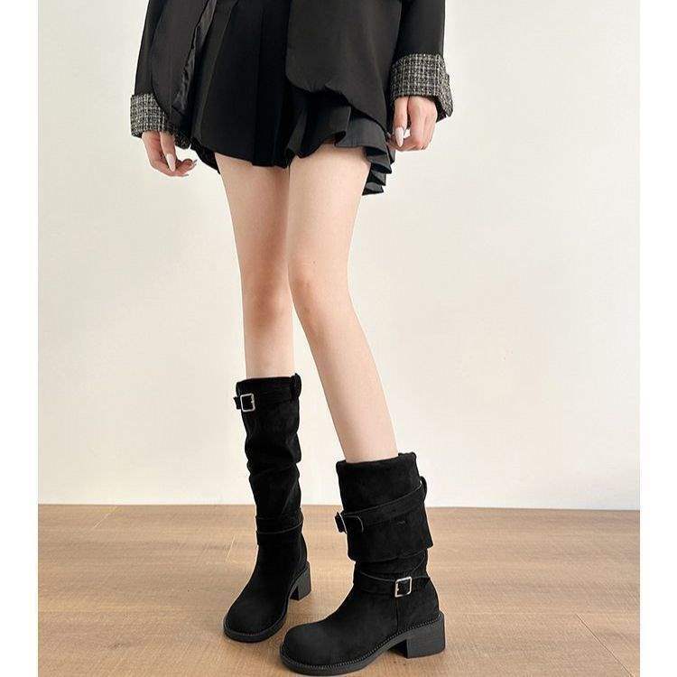 Herbst mit Stiefelstiefeln Damen Plateau Mittelschaft Braune Plüschstiefel Maillard Stiefel