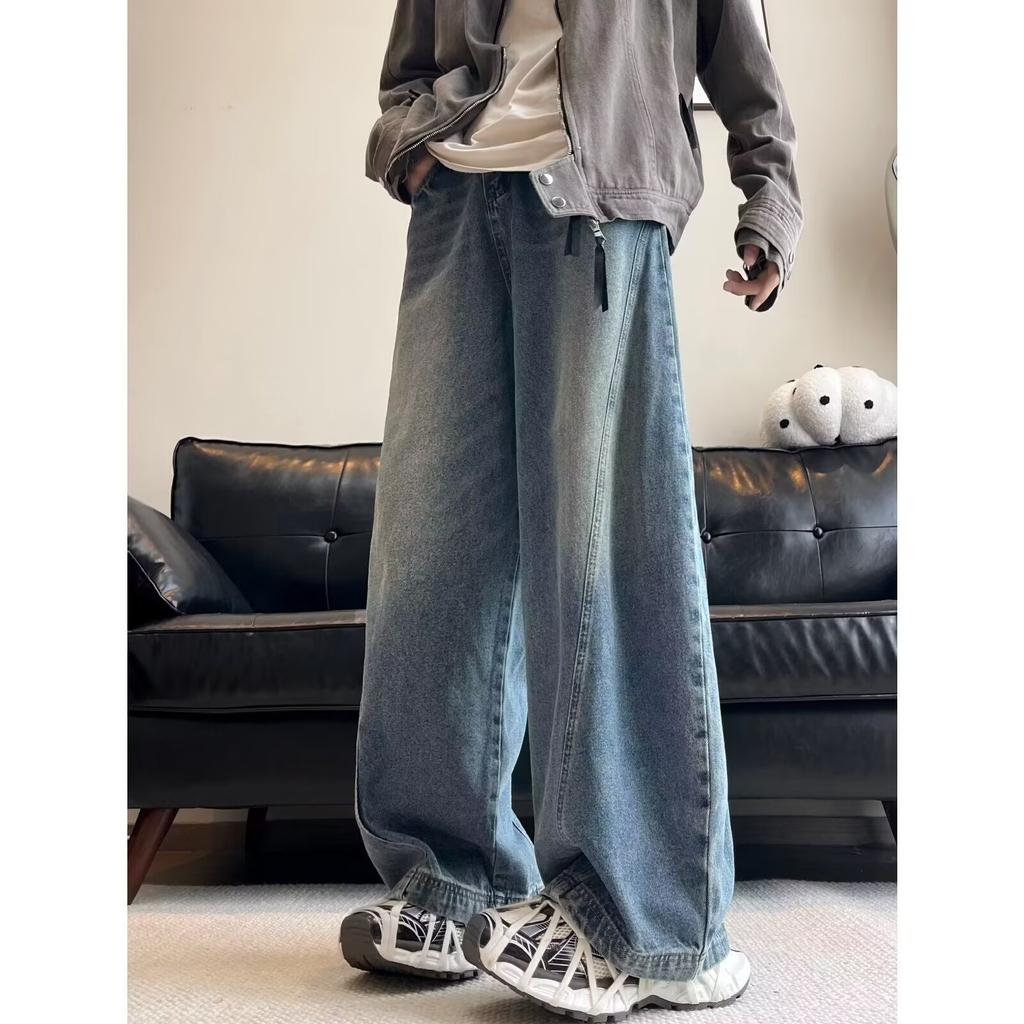 Hong Kong Style Wide-leg Jeans Men's High Street Vibe Style American Trend Silhouette Scimitar Trousers Boys Casual Pants