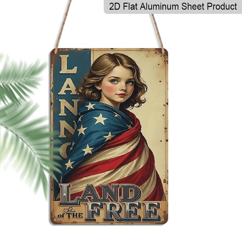 

2D Flat, Vintage Patriotic Metal Sign Wall Art - 8x12 Inch Rustic American Flag Design with Land of The Free Text, Durable Aluminium Indoor/Outdoor 20*30cm