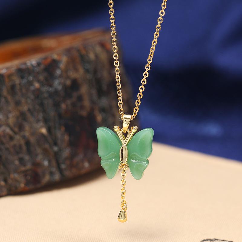 Chinese style imitation Hetian jade safety buckle necklace women's retro temperament titanium steel clavicle chain gold inlaid jade pendant with