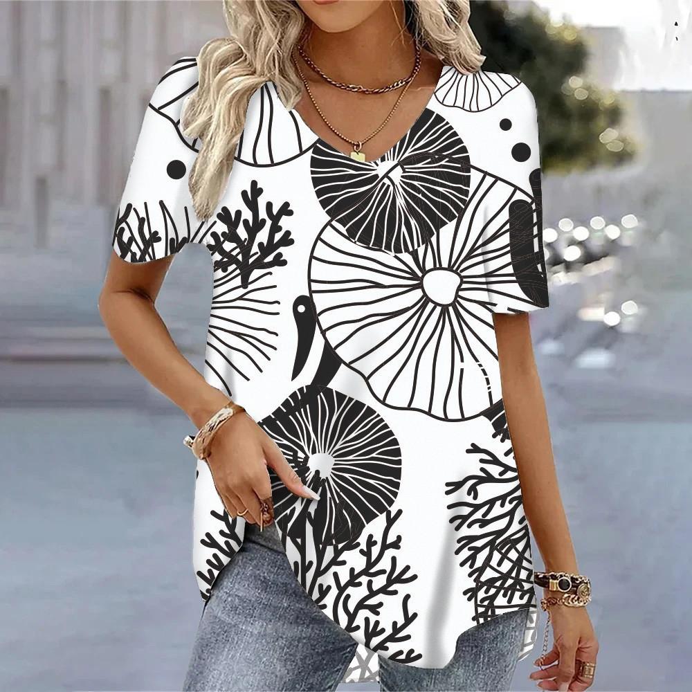 Letné V-výstrih Krátky rukáv Tričká 3D Kvetinová potlač Voľné Bežné Tričká Cool Denné Streetwear Blúzka Pre Dámy S-8XL