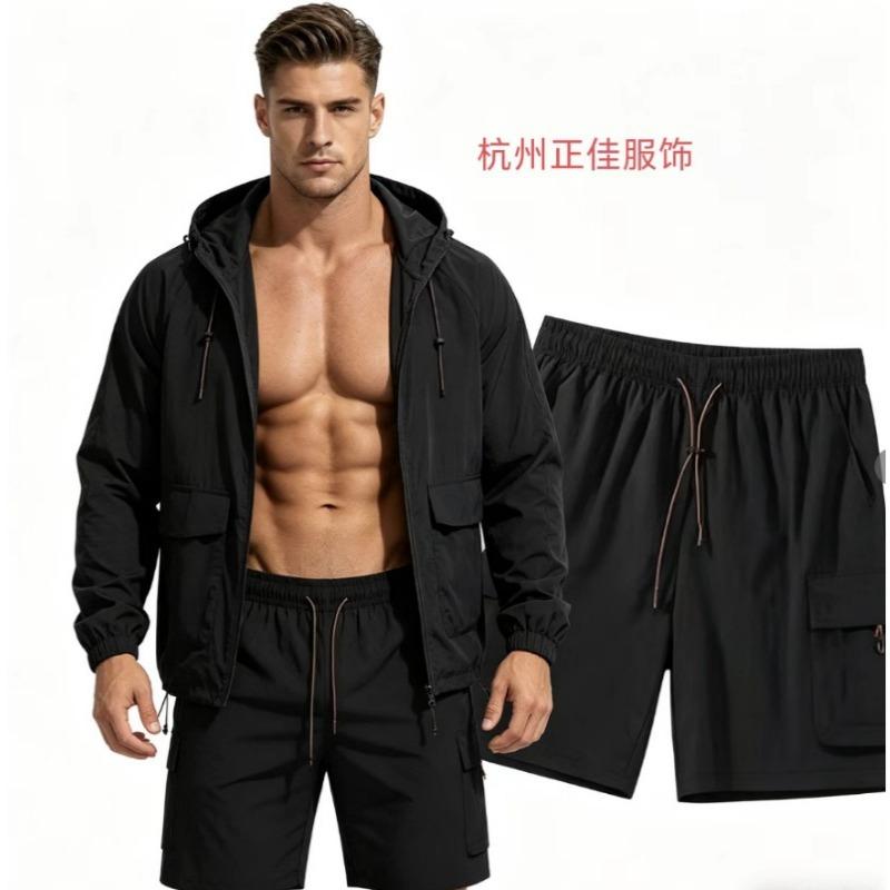 Conjunto de Dos Piezas para Hombre con Sudadera con Capucha, Chaqueta Protectora del Sol y Pantalones Cortos