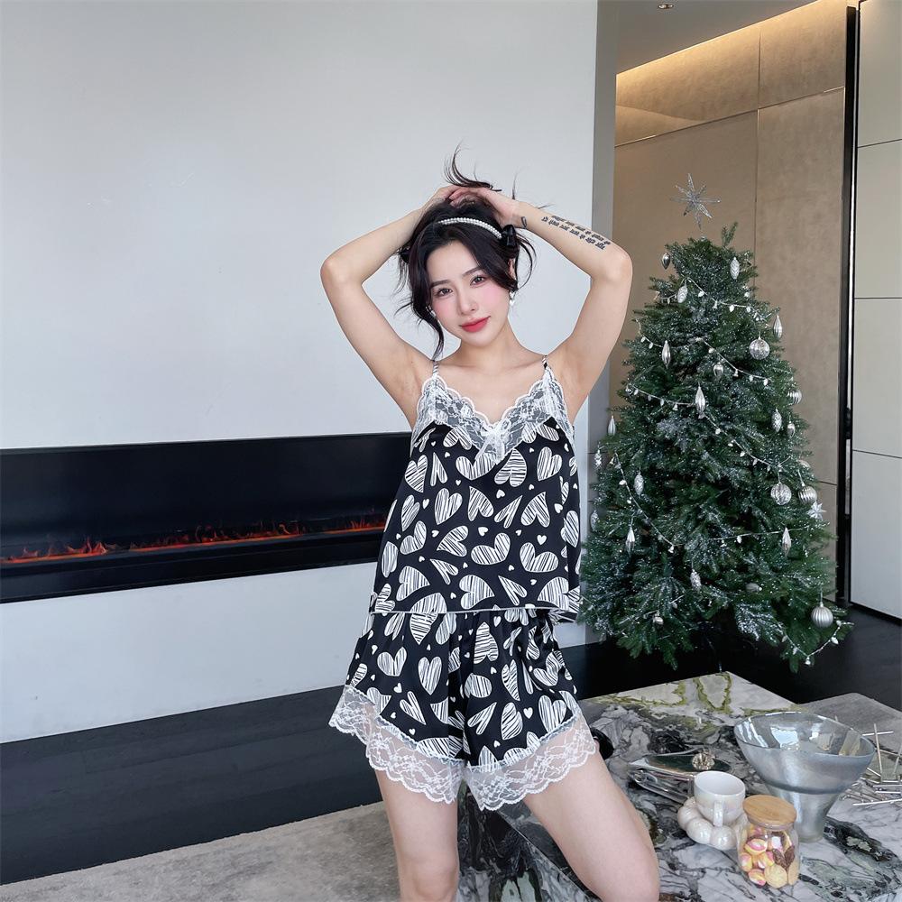 Pajamas Women's Spring and Summer New Ice and Snow Silk Thin Sweet and Cute Short Hanging Shorts Two-piece Set Lace Printing Set