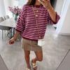 Women Loose Fit Crew Neck 3 4 Sleeve Striped Knit Sweater