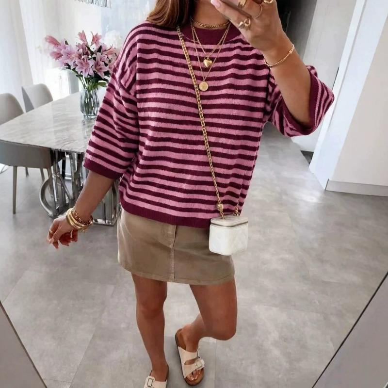 Women Loose Fit Crew Neck 3 4 Sleeve Striped Knit Sweater