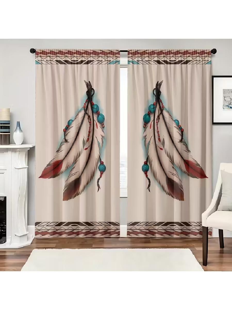 

Набор из 2 богемных boho штор с принтом перьев и племенным узором, изготовленных из высококачественного материала, идеальный стиль для окна дома, из полупрозрачного полиэстера W100*H70(CM)-Grommet top&2PCS