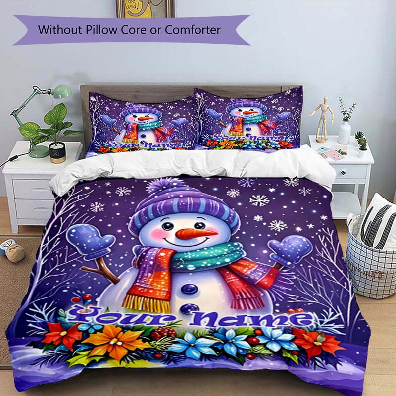 3PC Custom Name Winter Snowman Card Bedding Set Printed Bedding Set Duvet Cover Closure Includes 1 Duvet Cover & 2 Pillowcases for All Seasons Bedroom