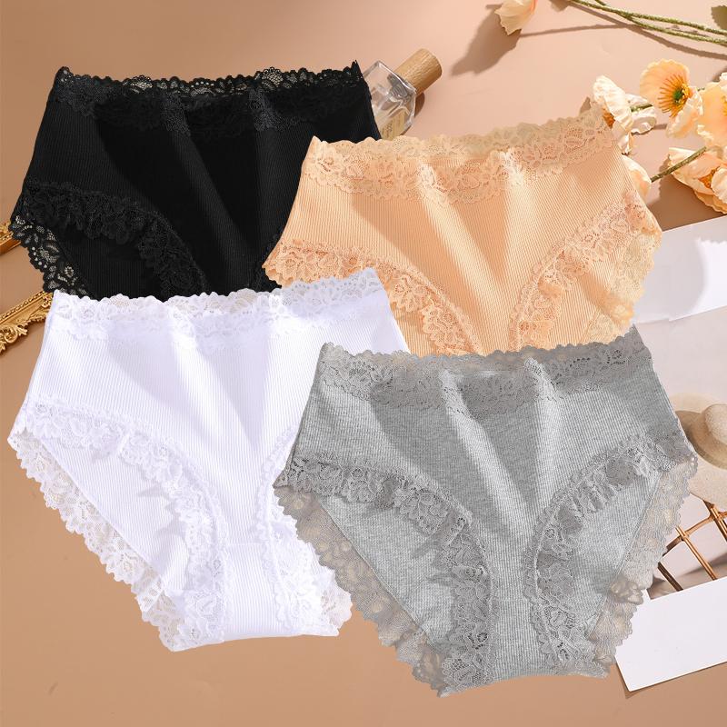 FINETOO 4PCS Sexy Lace Cotton Panties for Women Flroal Lace Seamless Briefs High Rise Lingerie Female Breathable Soft Underwear