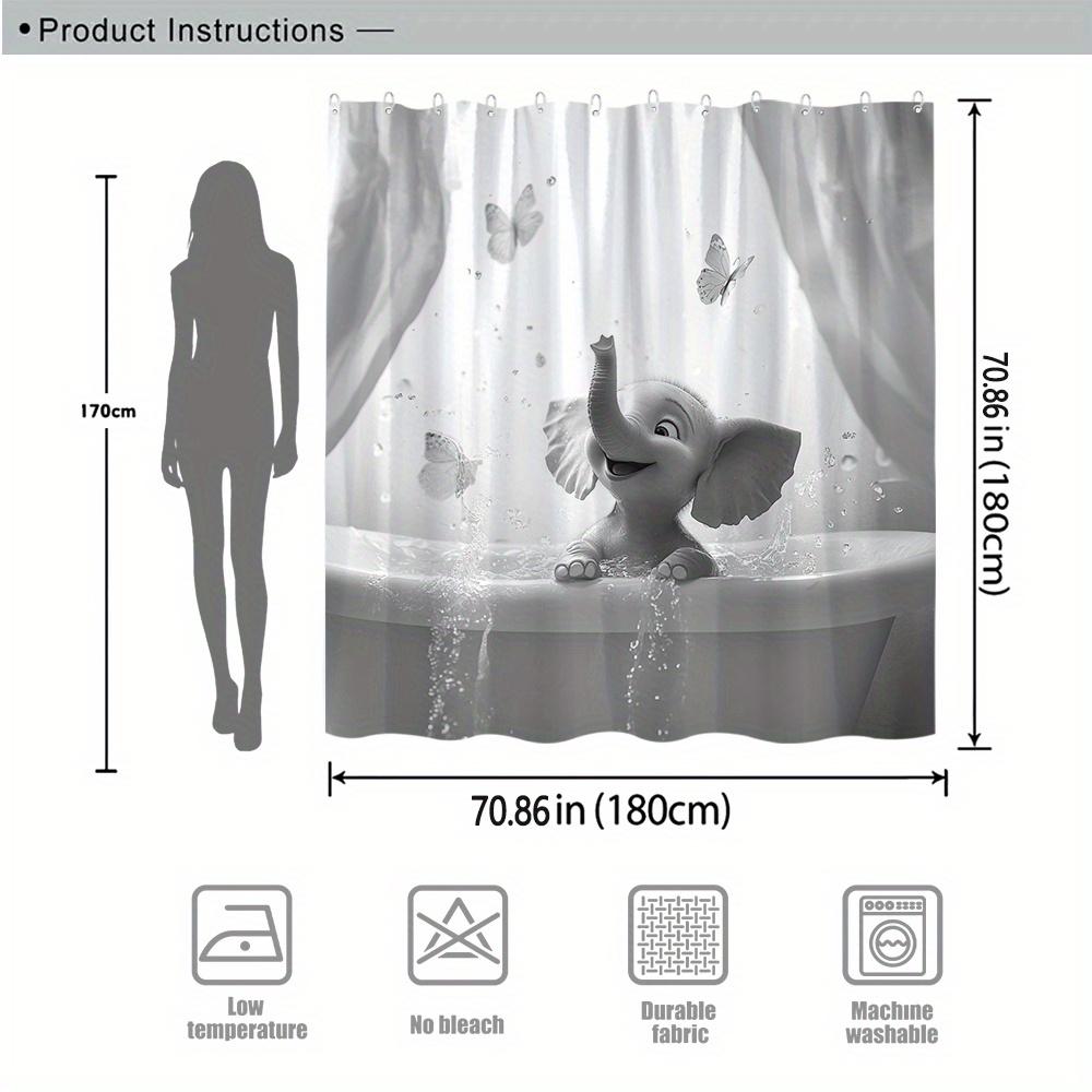 1pc Cartoon Elephant Curtain, Playful Water & Butterflies, CGI Art, Polyester, 70.86x70.86in, 12 Hooks, Youth Bath Decor