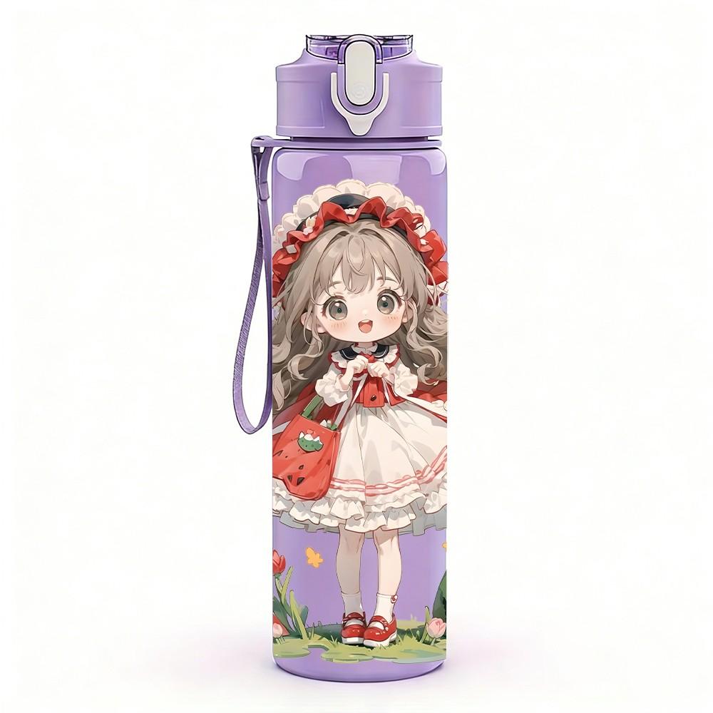 1PC Red White Dress Girl Rose Flower Pattern 750ml Color Plastic Sports Water Bottle Leakproof Flip Straw Lid Suitable for Sports Office Home Use