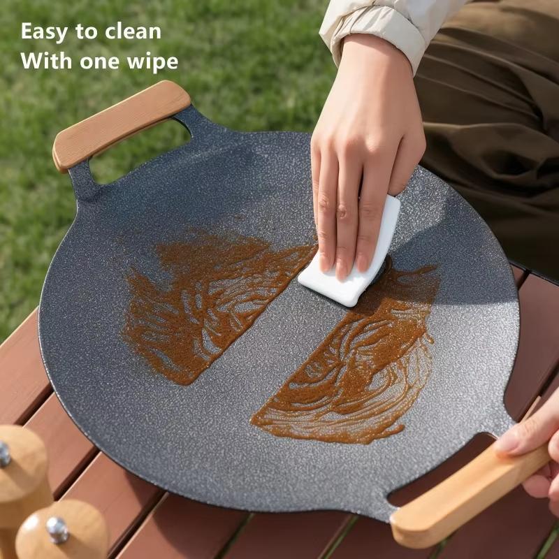 1pcs Versatile non-stick Korean barbecue plate with 2 wooden handles suitable for indoor and outdoor cooking