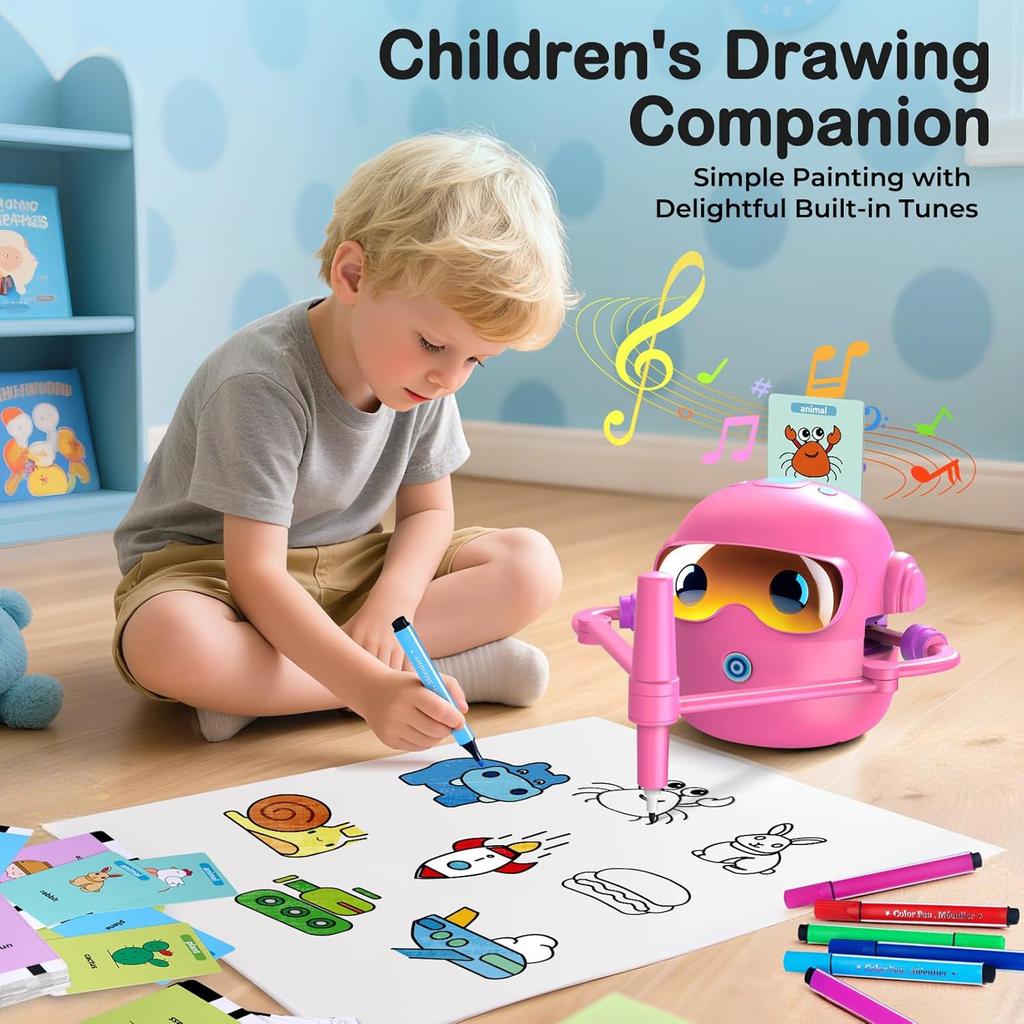 Drawing Robot for Kids Montessori Interactive Drawing Machine with 100 Cards Color Pens Music Gift Pink