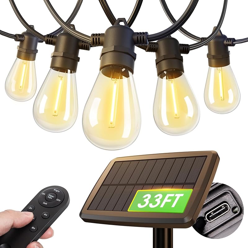 addlon 54FT(48+6) Solar String Lights Outdoor Waterproof with USB Charging & Remote Control - Dimmable Solar Power Patio Lights with LED Bulbs for 27+6FT(9 Sockets)