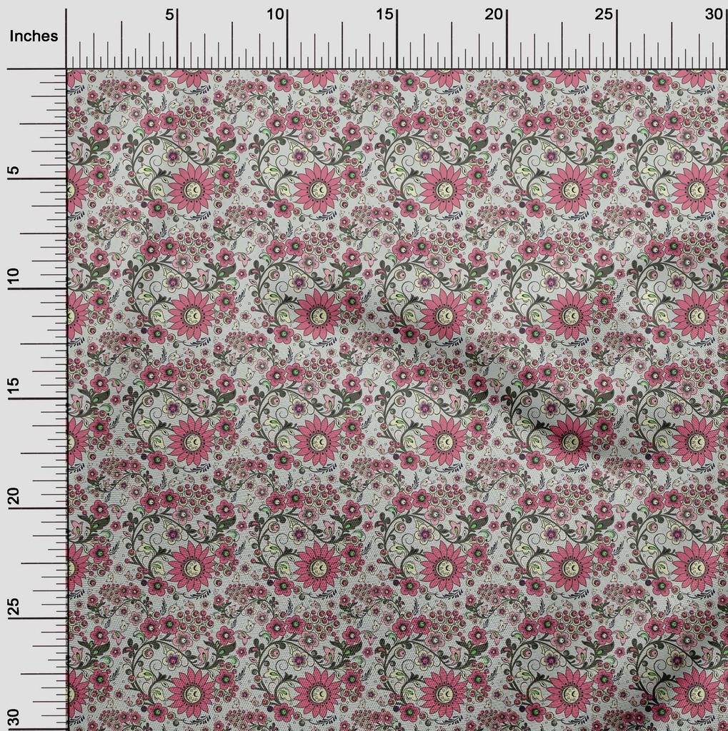 oneOone Cotton Flex Light Gray Fabric Asian Suzani  Dress Material Fabric Print Fabric By The Yard 40 Inch