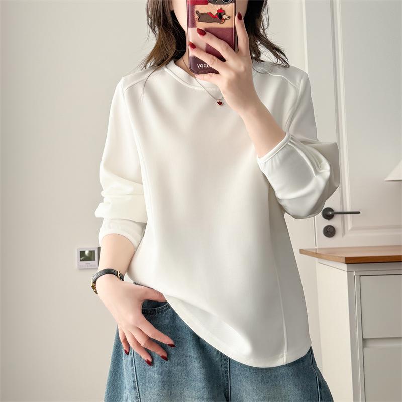 Plus Size Women's Spring Air Cotton Sweatshirt with Pleated Cuffs - Long Sleeve Casual Versatile Top
