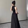 High-end Black Neck-hanging Sleeveless Dress for Women's Summer New French Temperament Split-ended Waist Long Dress