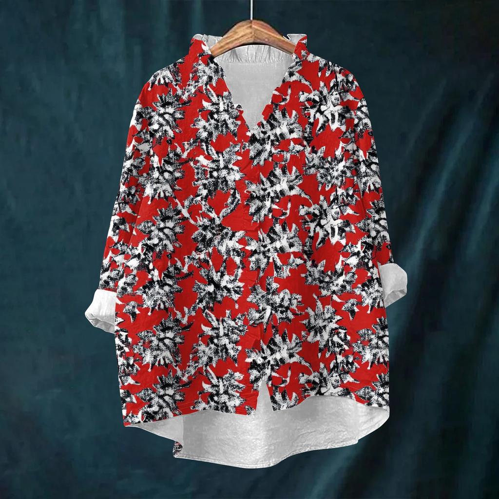 Women's Loose Ruffled Retro Floral Print Stand Collar Long Sleeve Cotton And Linen Top