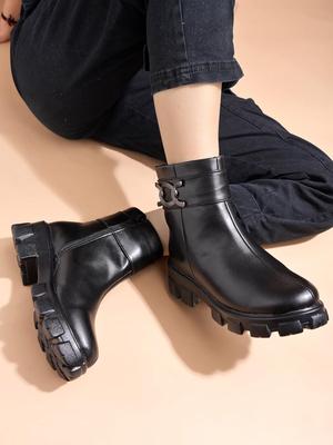 Shoetopia Womens  Chunky Heel Short Booties with Non-Slip Sole, Comfortable Trendy Ankle Boots | Soft Cushioned Sole | Casual, Party & Winter Wear