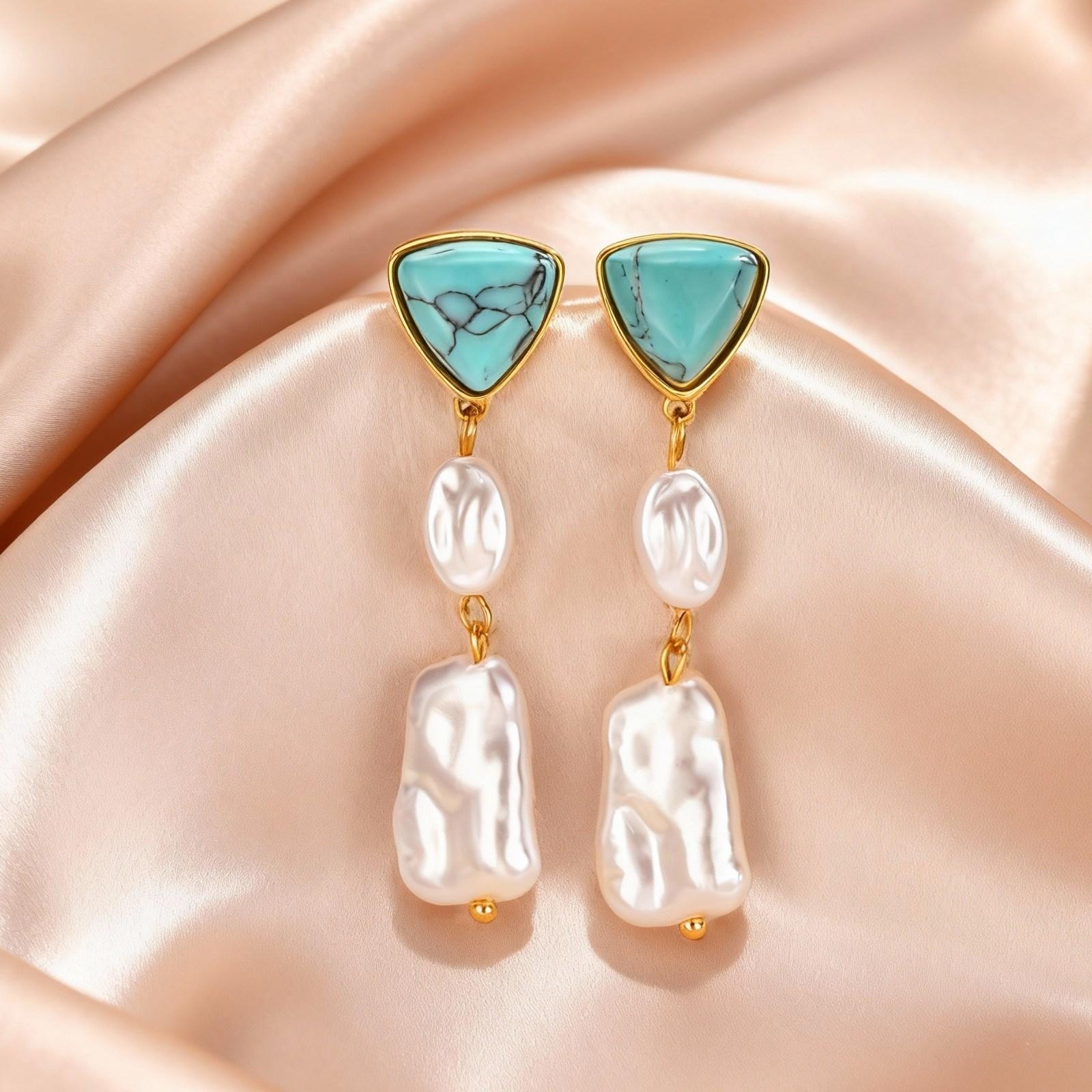 

Luxury Natural Stone Turquoise Stainless Steel Earrings for Women, Irregular Imitation Pearl Drop Earrings, Vintage Jewelry Gift