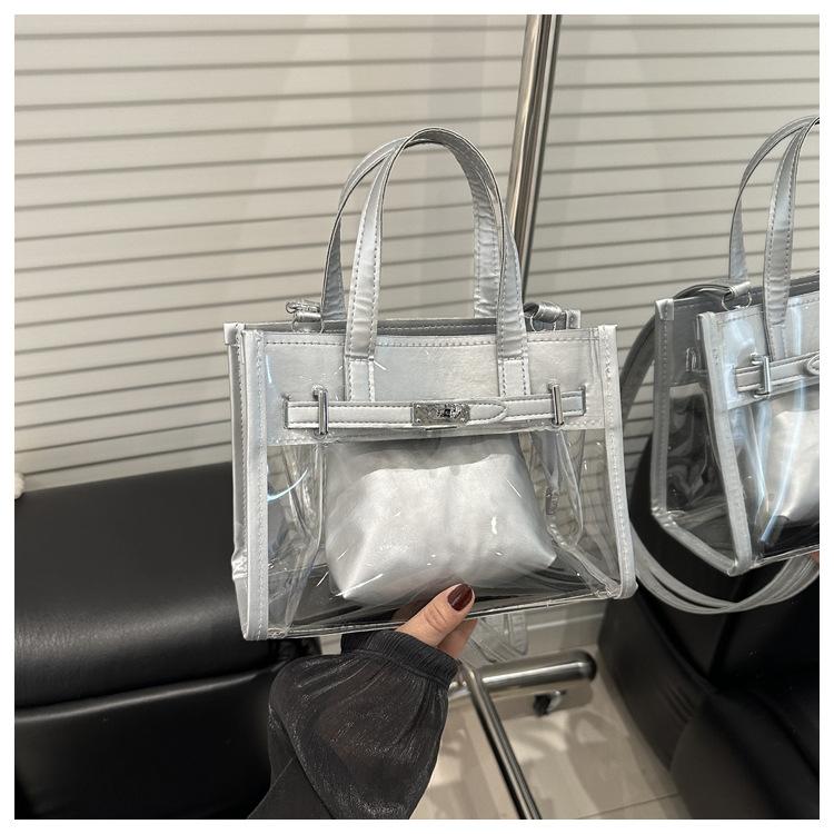 Transparent PVC Jelly Bag Spring 2025 New Mori Soft Girl Fashionable Versatile Portable Messenger Letter Tote Bag