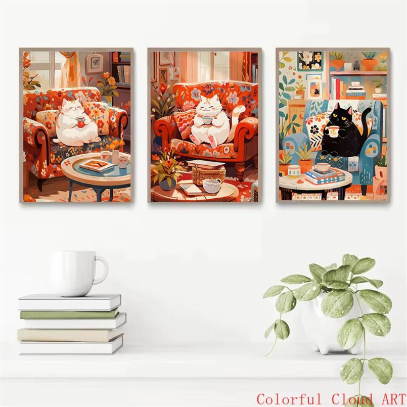 5D DIY Diamantmalerei Kreuzstich Stickerei Lustiges Tier Niedliche Schwarze Katze Weiße Katzen Vollrunde Bohrer Heimdekor Wandkunst Geschenk