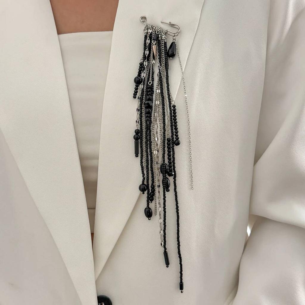 SHIXIN New Fashion Red Black Crystal Bead Chain Brooches for Women Long Tassel Pendant Brooch Pin New Year Jewelry Accessories