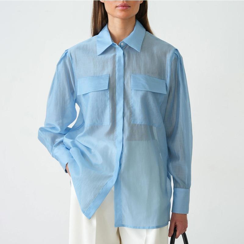 Women S Long Sleeve Lapel Sheer Tencel Blend Shirt For Commute