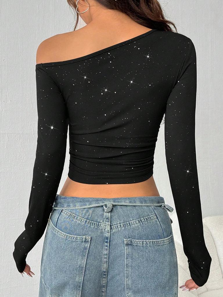 Rocker Studded Shoulder Strap Long Sleeve T-Shirt Women Spring Imported Ins Slim Knit Cami Top