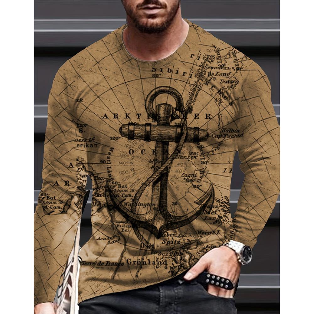 Camiseta masculina vintage de manga comprida, estampa cruzada, manga comprida, roupa 3D, mapa náutico, estampa de rua, Harajuku, tamanho grande