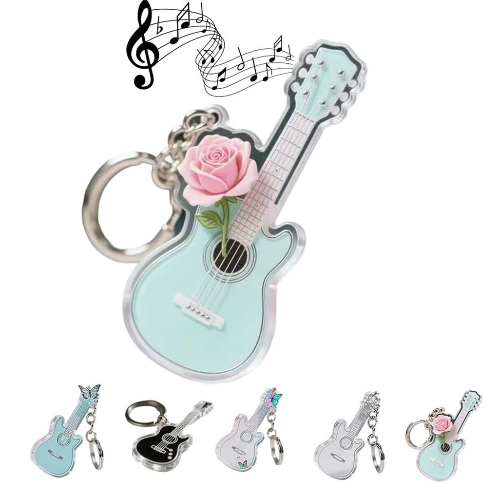 Beautiful Guitar Keychain Charm, Acrylic Guitar - Shaped Keychain, 2D Cute Rose Guitar Key Chain, Ideal For Music Lovers.