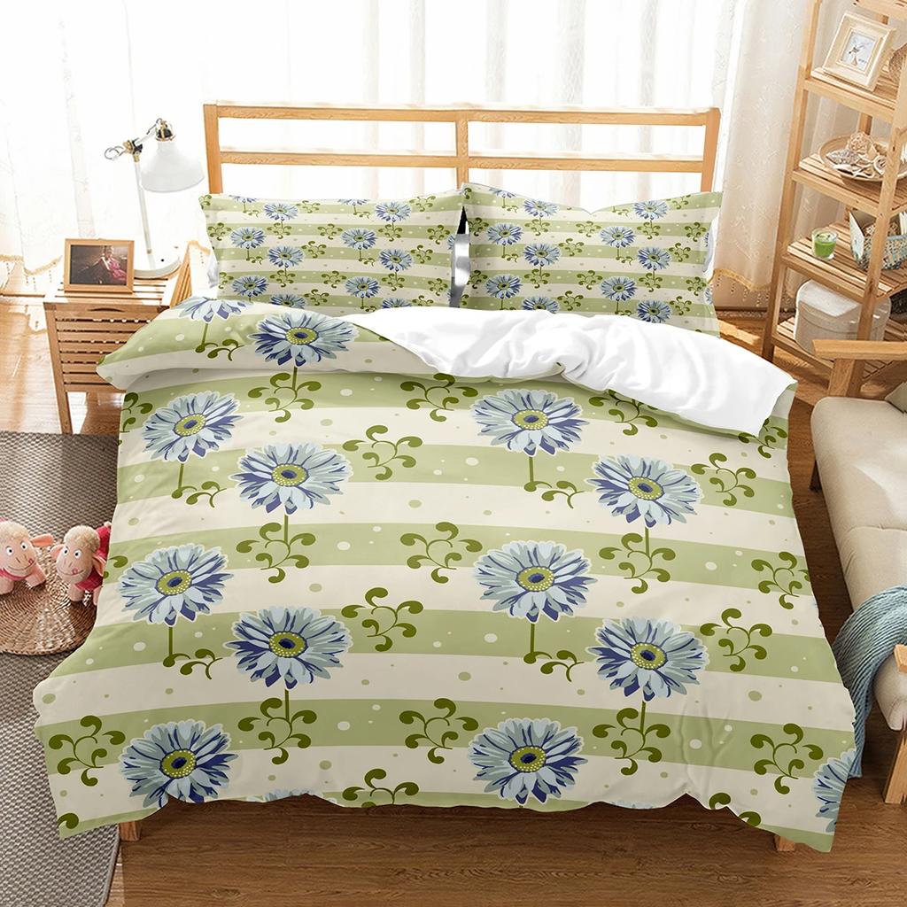 Daisy Duvet Cover Set White Floral Pattern Bedding Set Romantic Leaves And Flower Comforter Cover Full Queen For Girl Women Teen