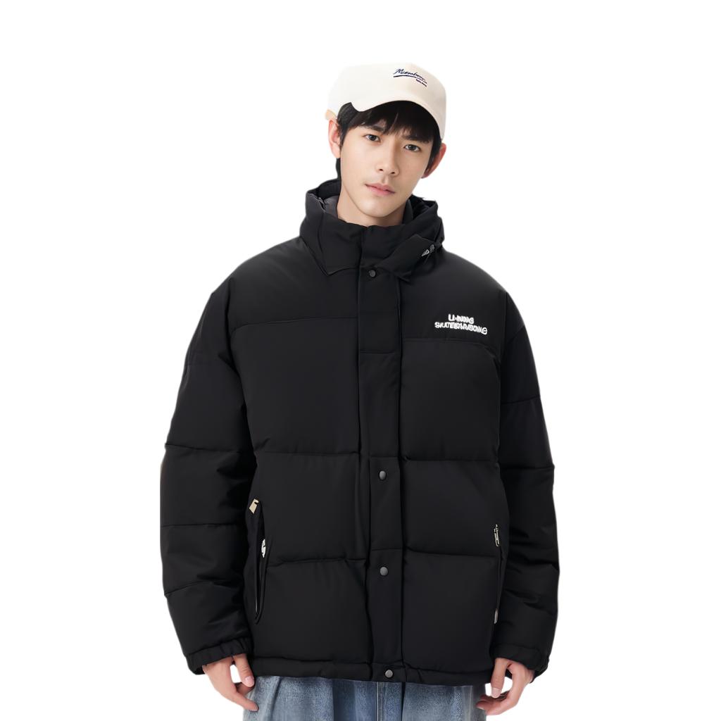 Li Ning Letter Print Lapel Loose Short Down Jacket Men Outerwear Black AYMR541-3